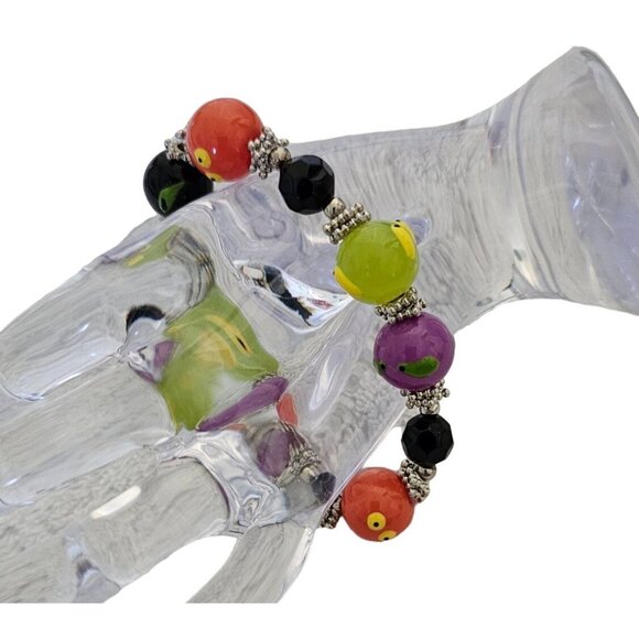 Colorful Beaded Stretch Bracelet With Black Green Purple & Orange Beads - Picture 6 of 6